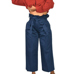 M Martin Pants Blue Cotton Sateen Trousers Wide Loose Straight Crop Paperbag 2